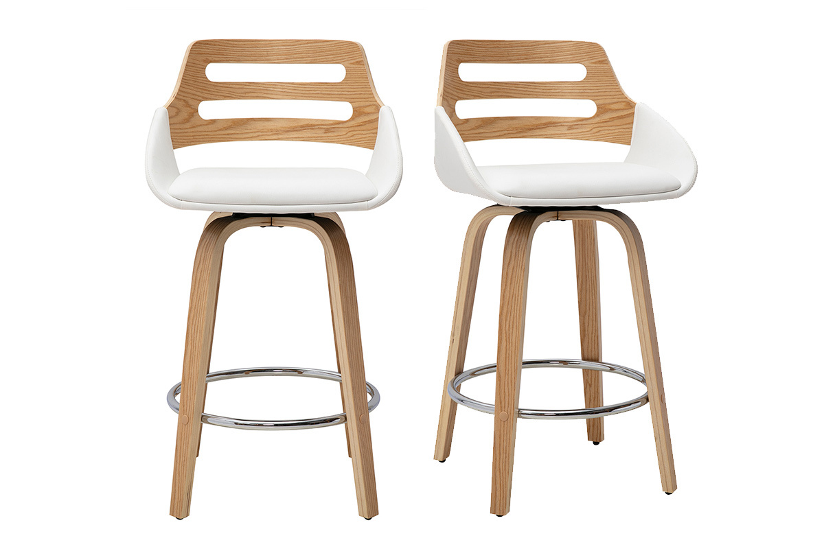Tabourets de bar scandinaves pivotants blancs et bois clair H65.5 cm (lot de 2) PERNIK