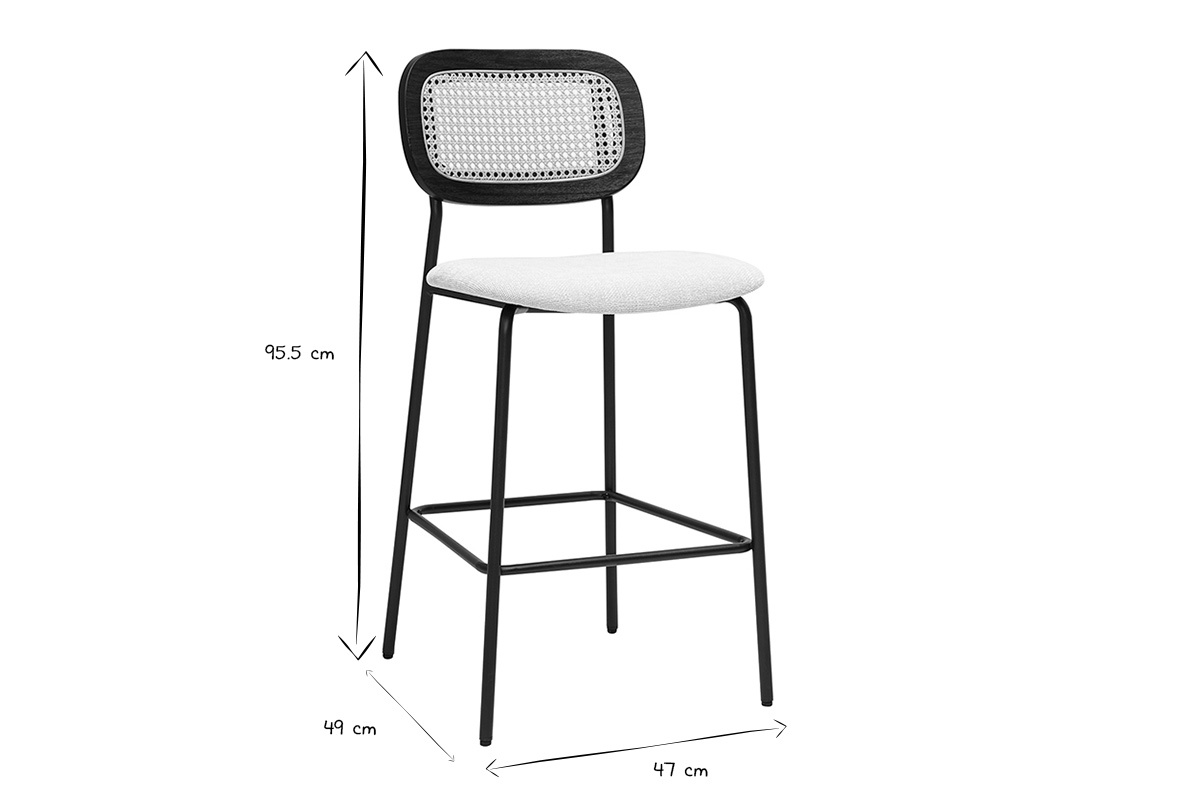 Tabourets design en tissu effet velours textur beige, mtal noir et cannage rotin (lot de 2) MIRANDA