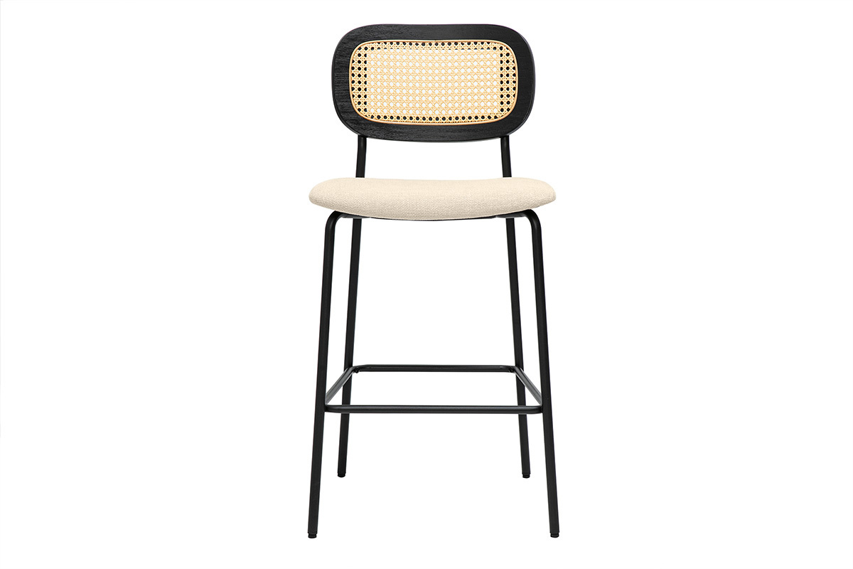 Tabourets design en tissu effet velours textur beige, mtal noir et cannage rotin (lot de 2) MIRANDA