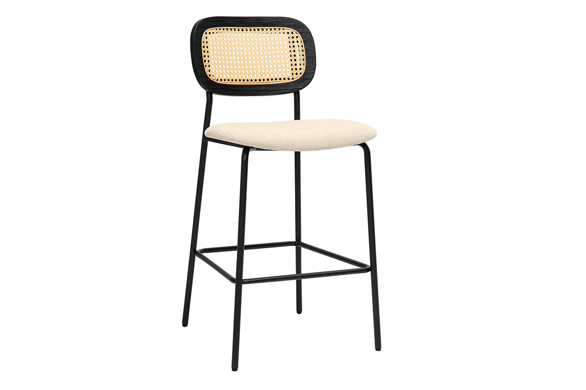 Tabourets design en tissu effet velours textur beige, mtal noir et cannage rotin (lot de 2) MIRANDA