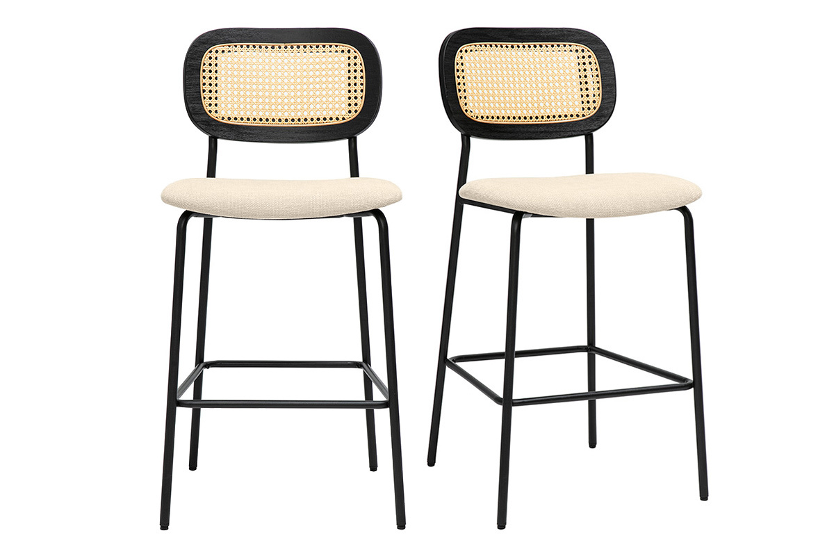 Tabourets design en tissu effet velours textur beige, mtal noir et cannage rotin (lot de 2) MIRANDA