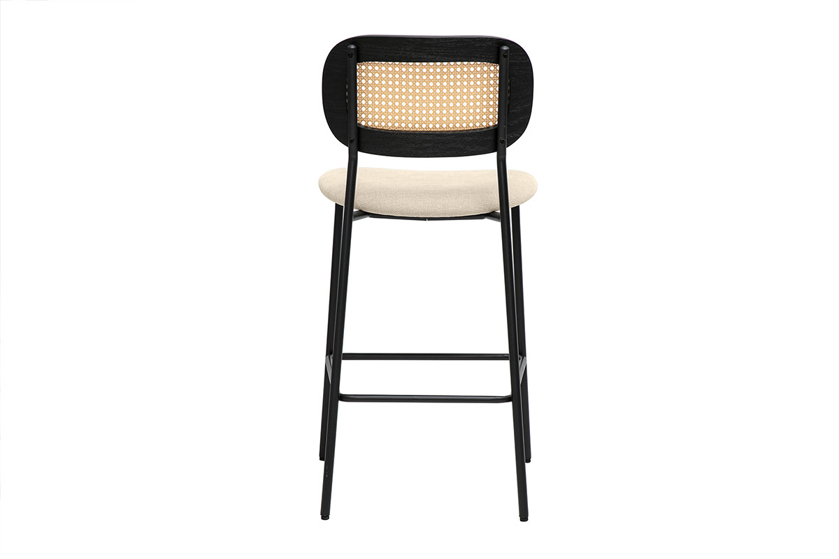 Tabourets design en tissu effet velours textur beige, mtal noir et cannage rotin (lot de 2) MIRANDA