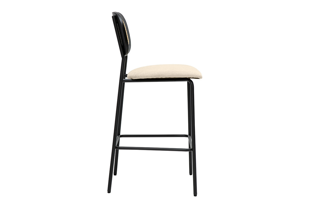 Tabourets design en tissu effet velours textur beige, mtal noir et cannage rotin (lot de 2) MIRANDA
