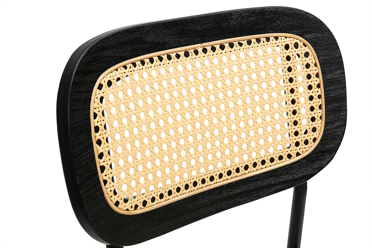 Tabourets design en tissu effet velours textur beige, mtal noir et cannage rotin (lot de 2) MIRANDA