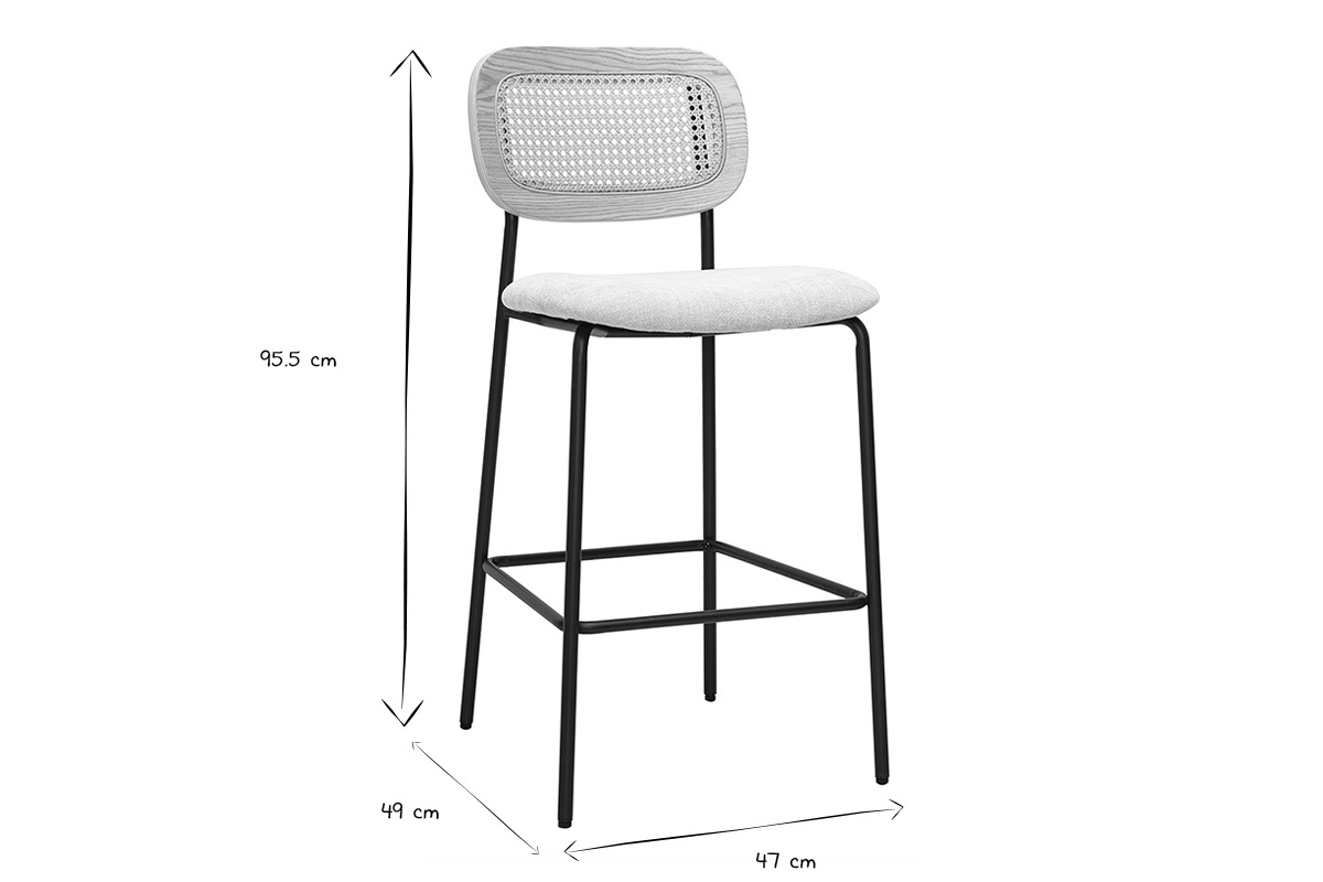 Tabourets design en tissu effet velours textur� beige, m�tal noir et cannage rotin (lot de 2) MIRANDA