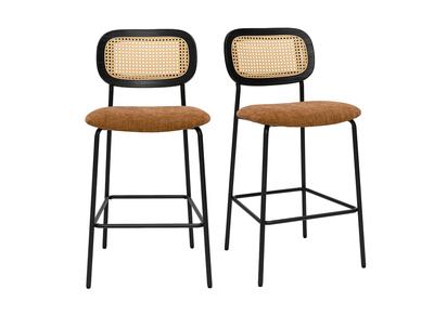 Tabourets design en tissu effet velours texturé terre brulée, métal noir et cannage rotin (lot de 2) MIRANDA