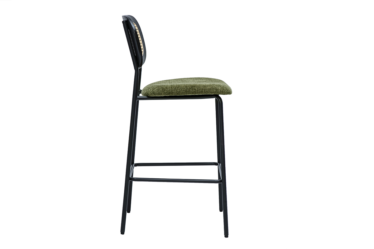 Tabourets design en tissu effet velours textur vert kaki, mtal noir et cannage rotin (lot de 2) MIRANDA