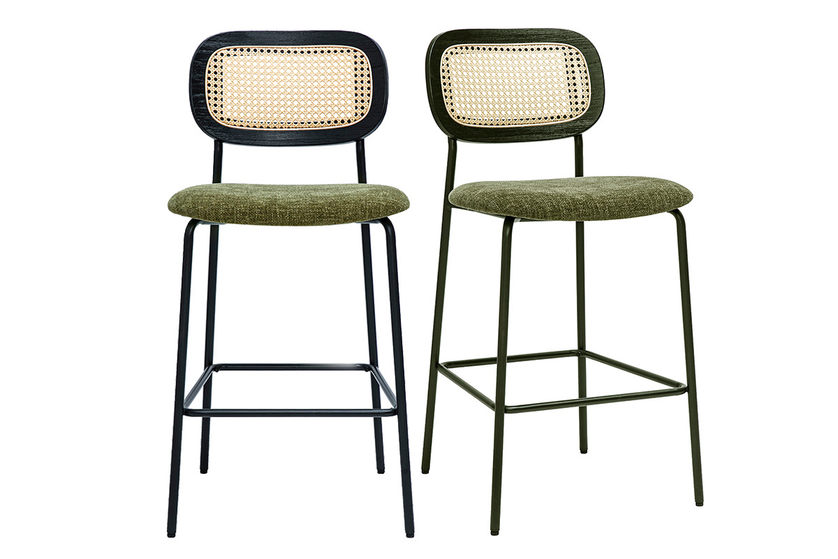 Tabourets design en tissu effet velours textur vert kaki, mtal noir et cannage rotin (lot de 2) MIRANDA
