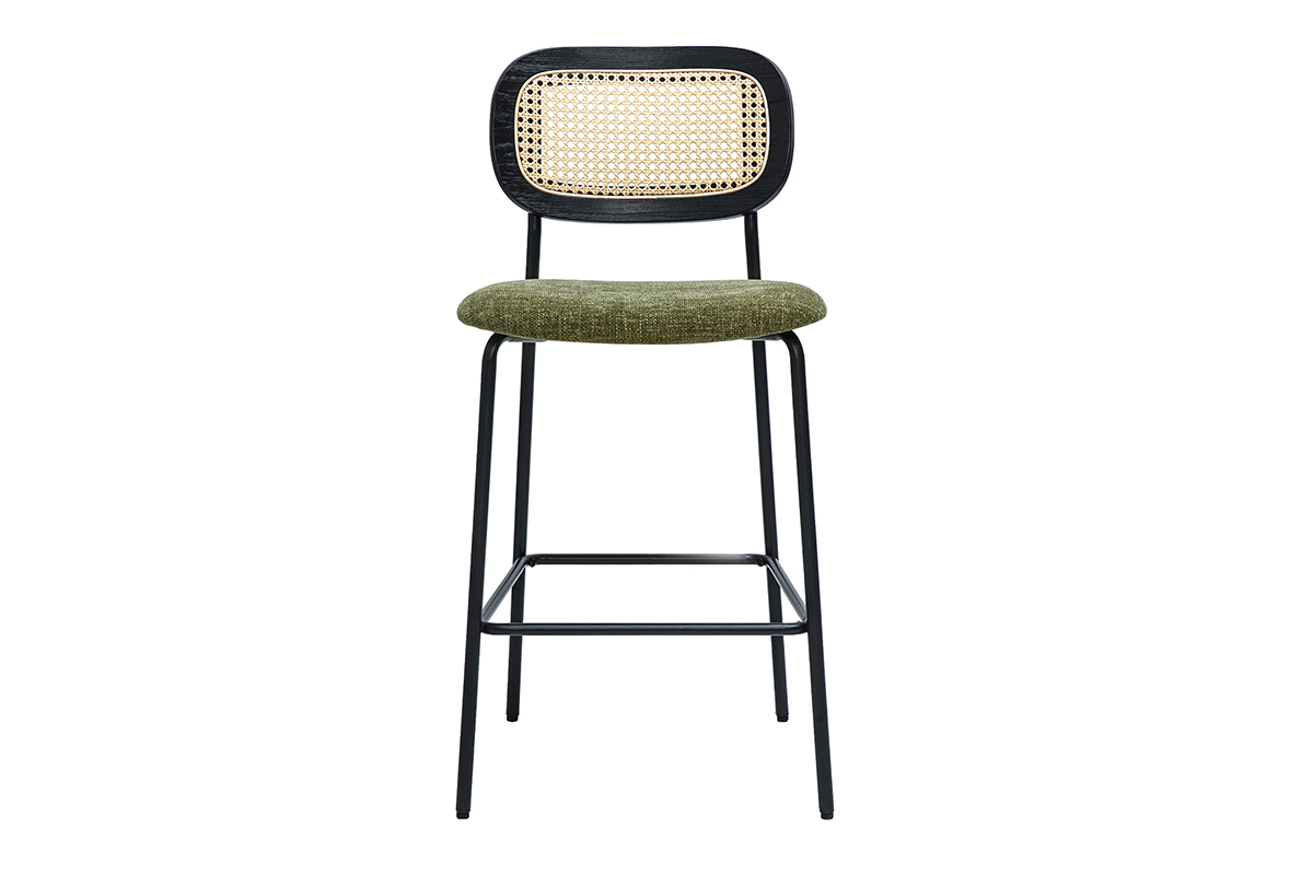 Tabourets design en tissu effet velours textur vert kaki, mtal noir et cannage rotin (lot de 2) MIRANDA