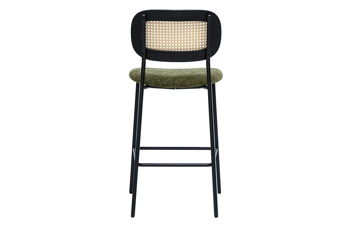 Tabourets design en tissu effet velours textur vert kaki, mtal noir et cannage rotin (lot de 2) MIRANDA