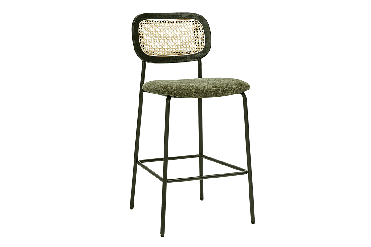 Tabourets design en tissu effet velours textur vert kaki, mtal noir et cannage rotin (lot de 2) MIRANDA