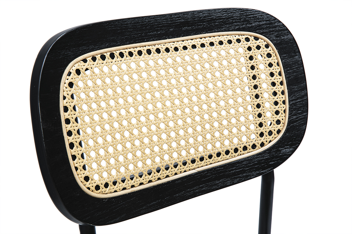 Tabourets design en tissu effet velours textur vert kaki, mtal noir et cannage rotin (lot de 2) MIRANDA