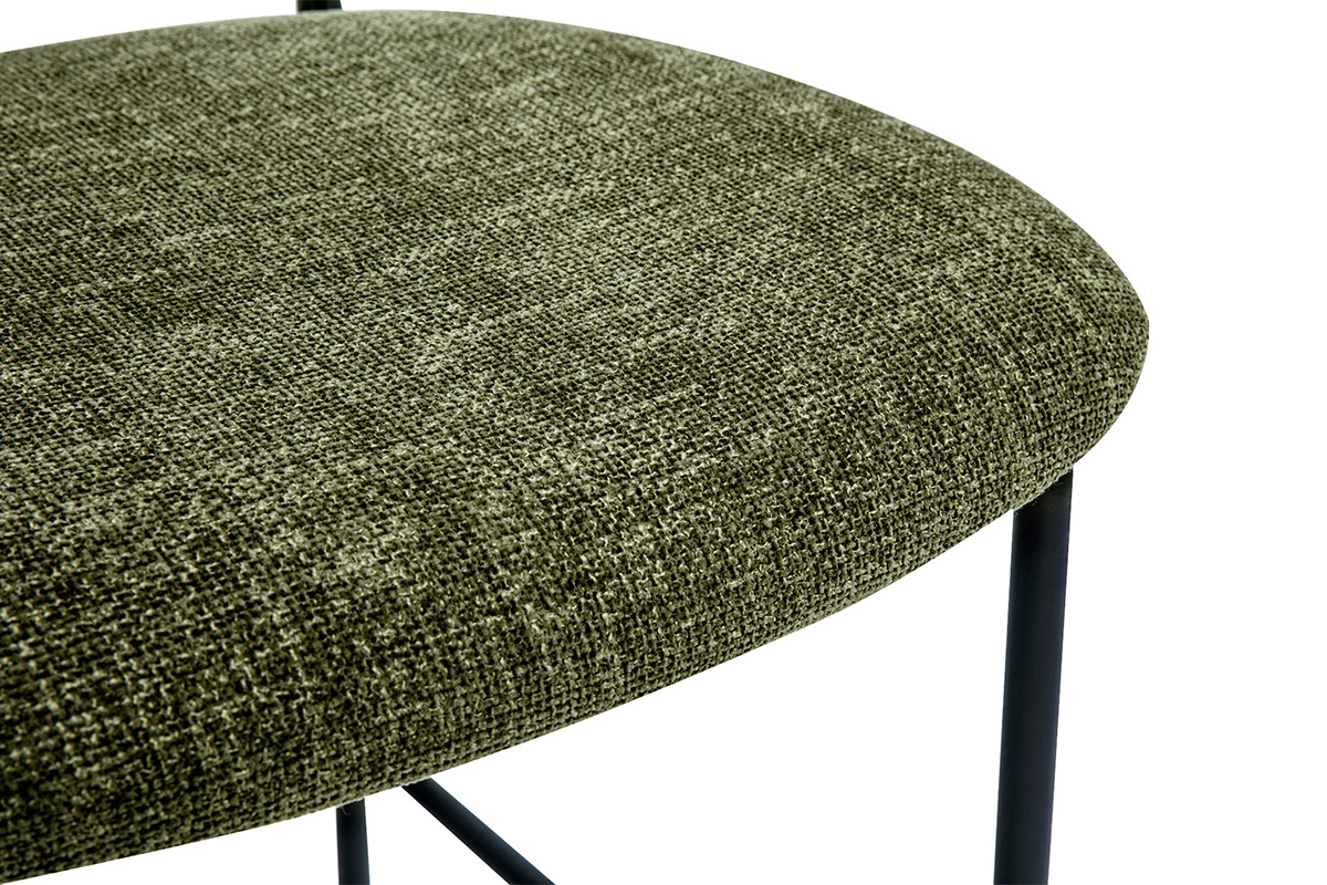 Tabourets design en tissu effet velours textur vert kaki, mtal noir et cannage rotin (lot de 2) MIRANDA