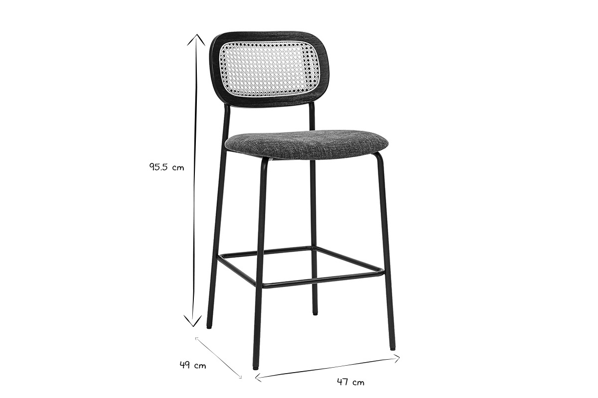 Tabourets design en tissu effet velours textur vert kaki, mtal noir et cannage rotin (lot de 2) MIRANDA
