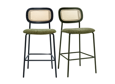 Tabourets design en tissu effet velours texturé vert kaki, métal noir et cannage rotin (lot de 2) MIRANDA