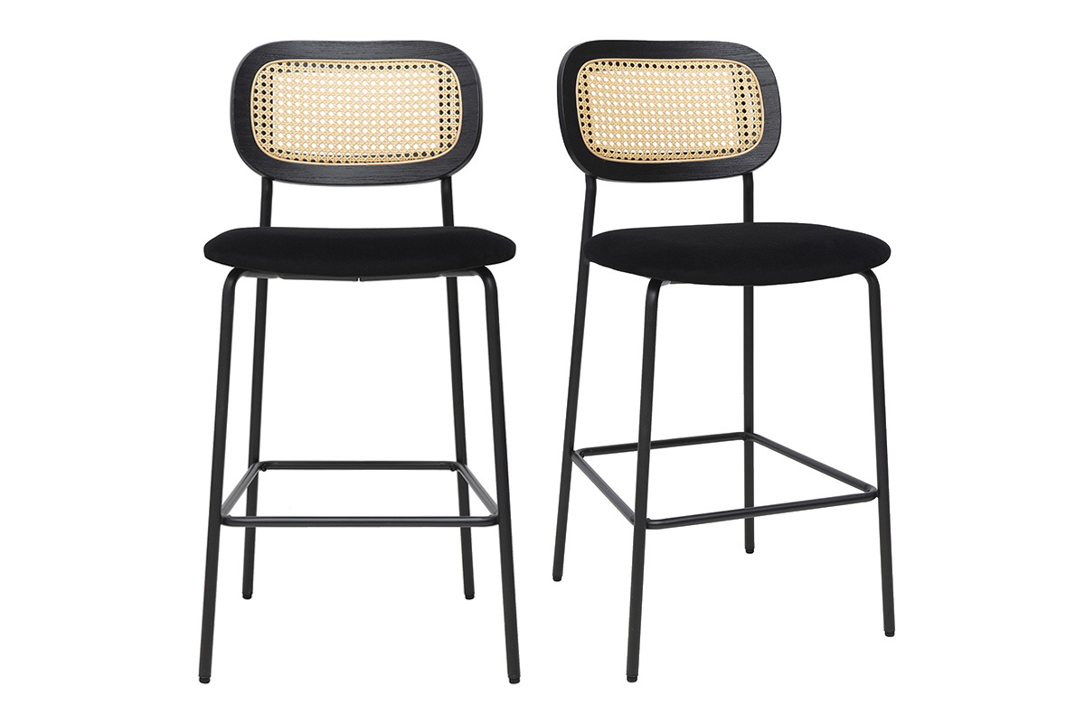 Tabourets design en velours noir, mtal noir et cannage rotin (lot de 2) MIRANDA