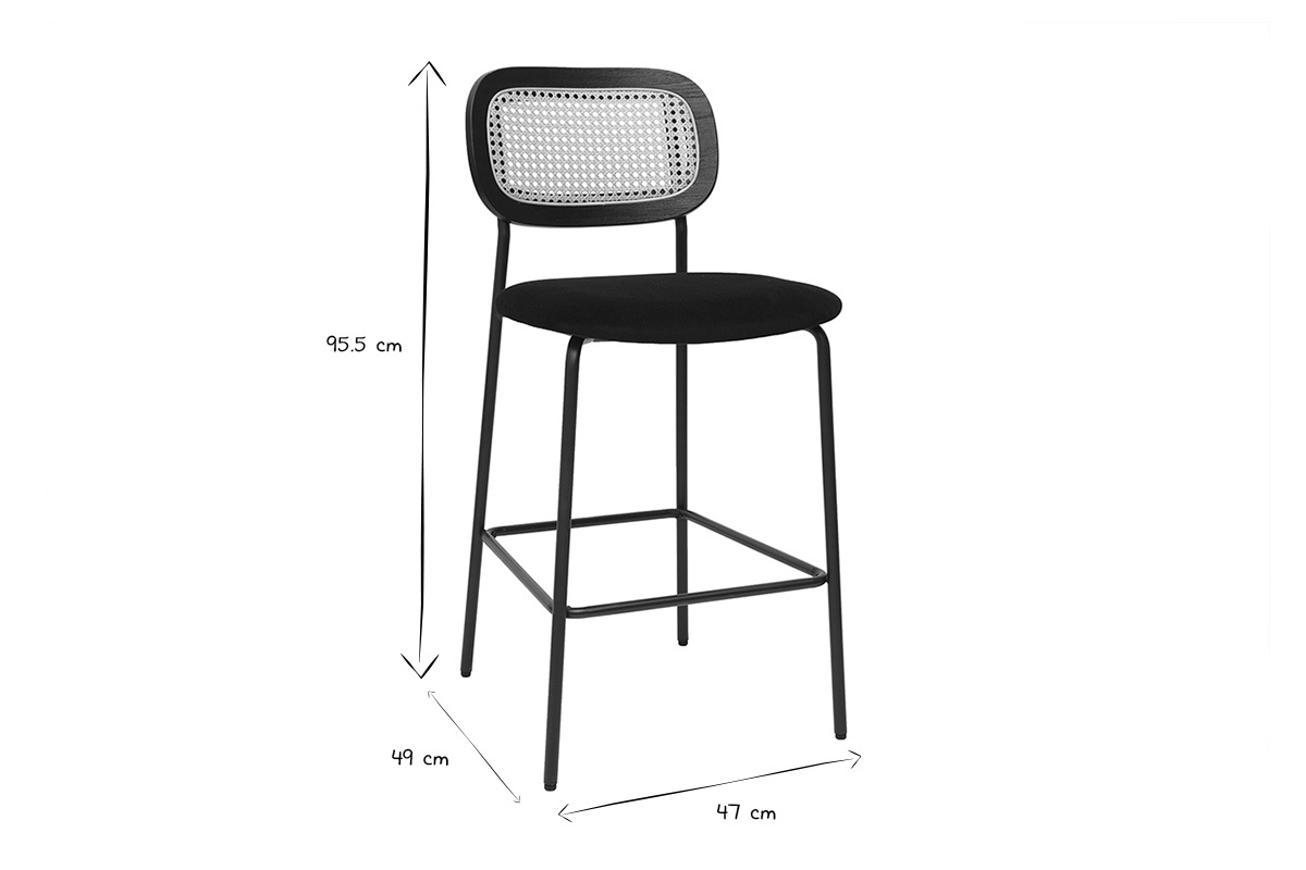 Tabourets design en velours noir, mtal noir et cannage rotin (lot de 2) MIRANDA