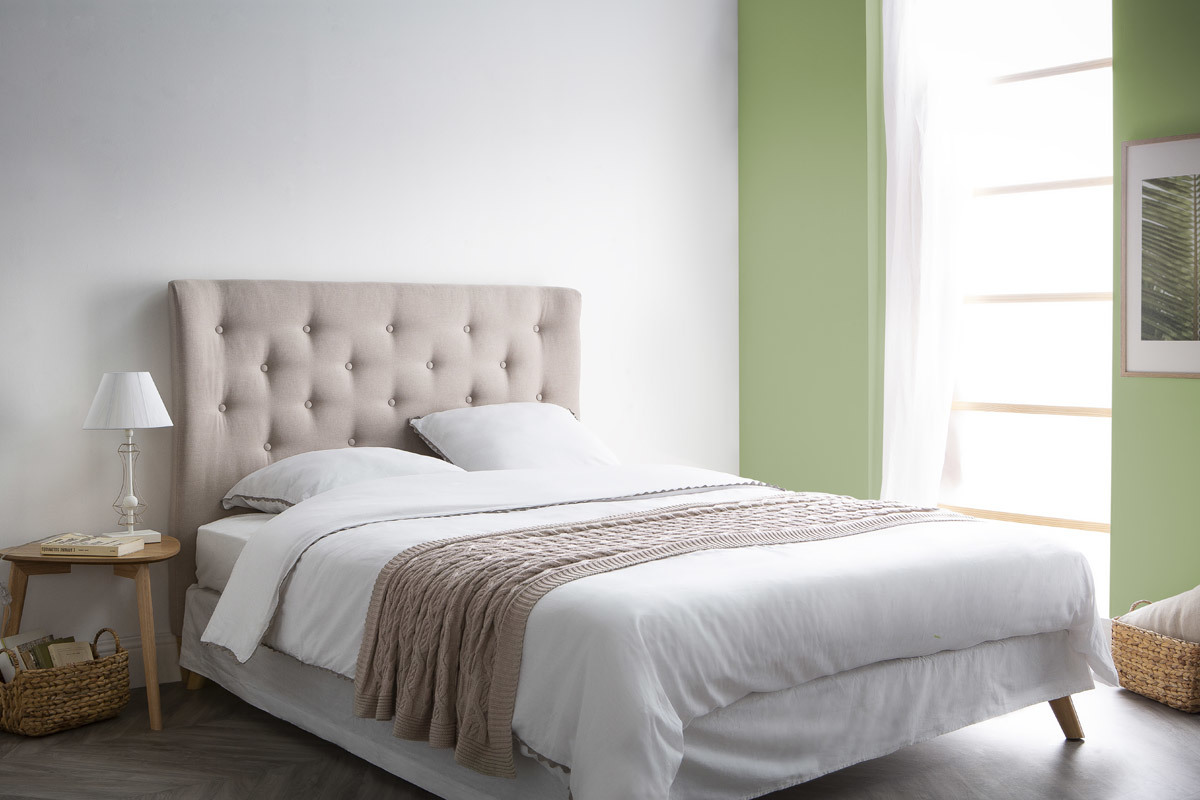 T�te de lit capitonn�e en tissu beige 170 cm EROS