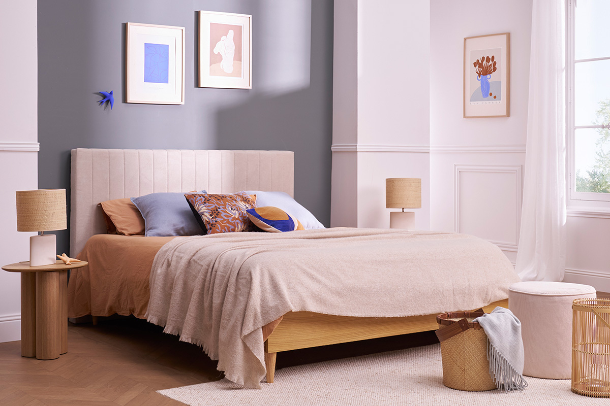 Tte de lit en tissu beige L170 cm NEHA
