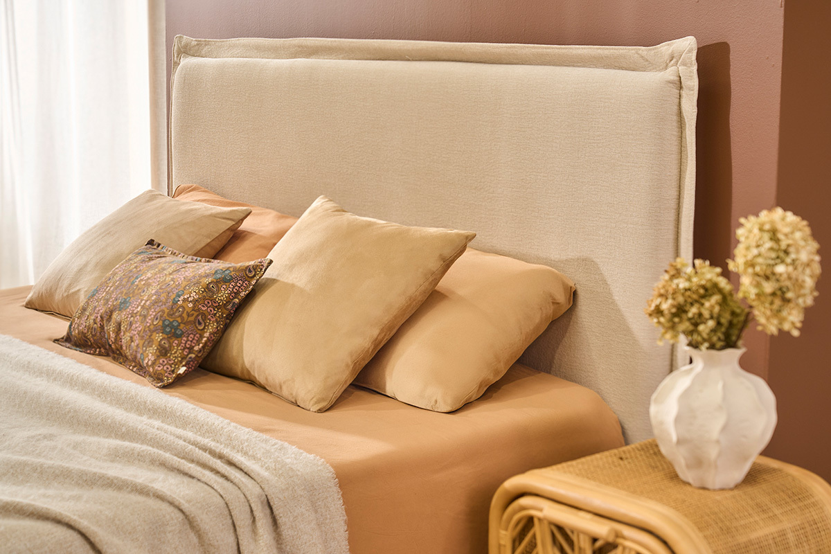 T�te de lit en tissu effet lin beige L160 cm PIA