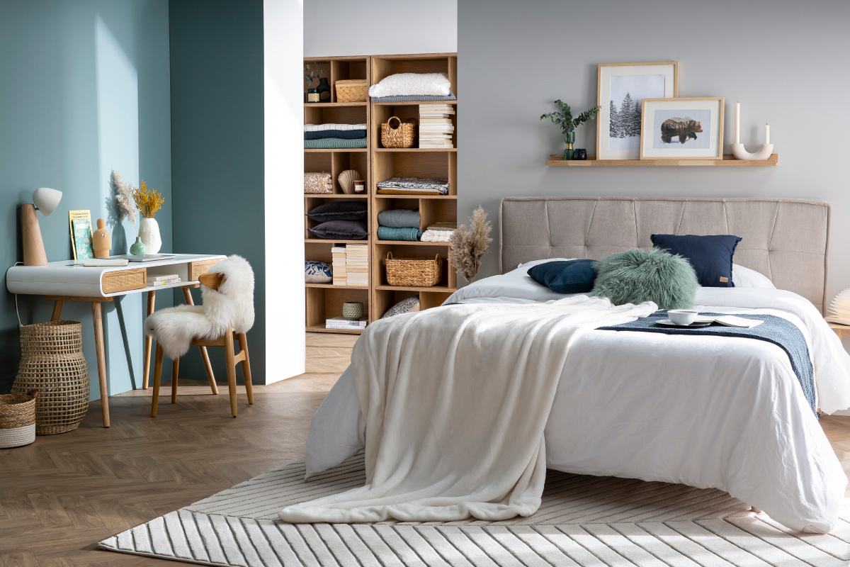 T�te de lit en tissu effet velours gr�ge L170 cm SUKA