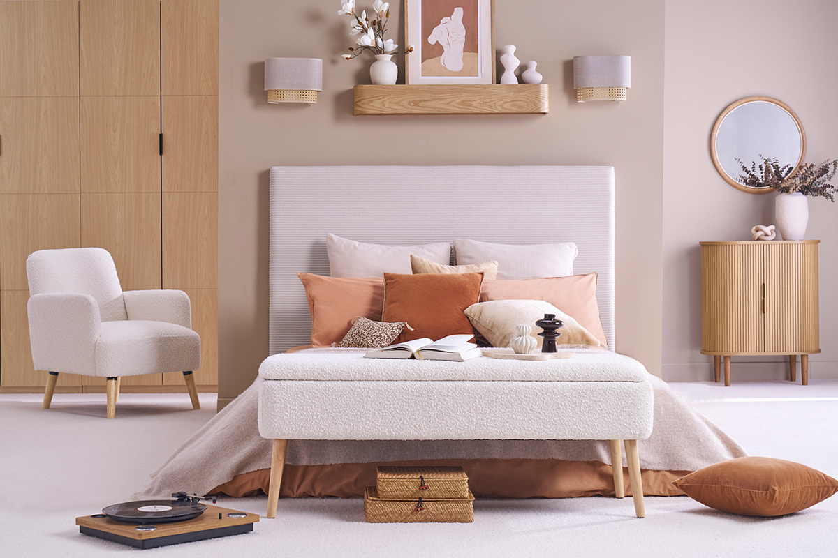 Tte de lit en tissu velours ctel beige L160 cm YOLANDA