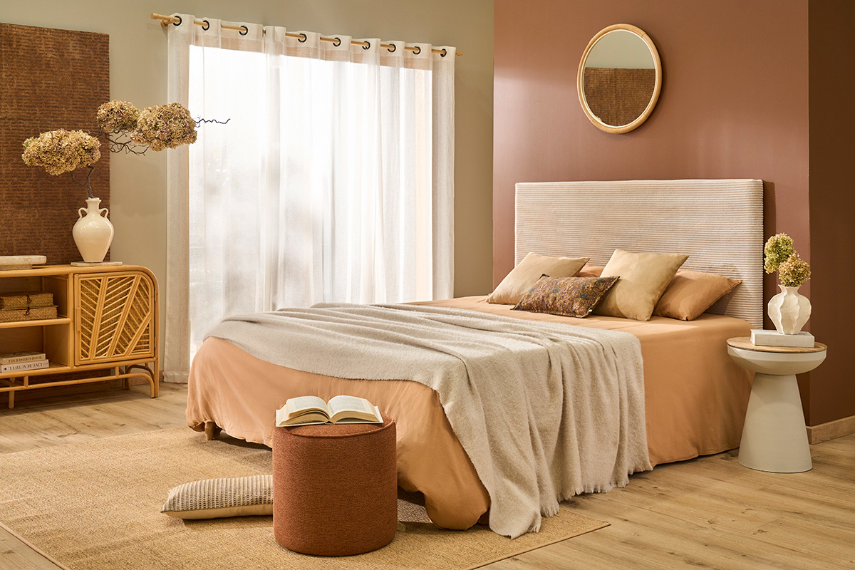 T�te de lit en tissu velours c�tel� beige L160 cm YOLANDA