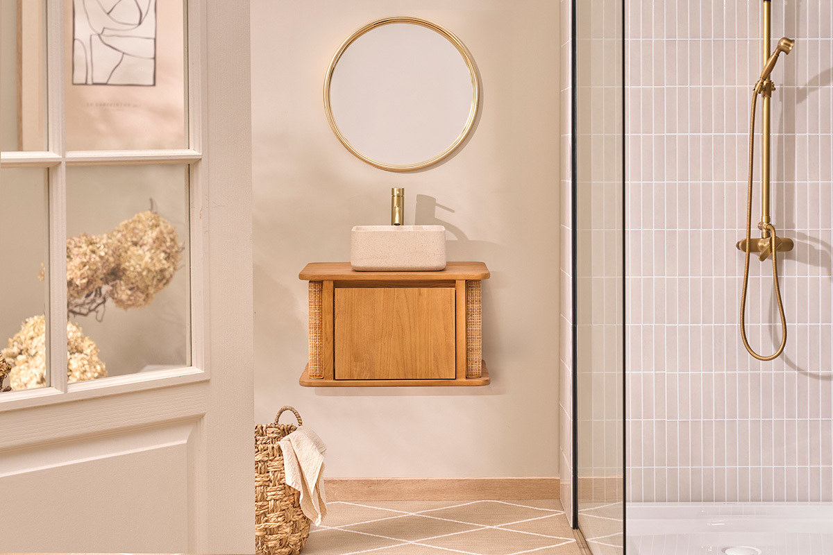Vasque carr�e en pierre naturelle beige L30 cm FENG