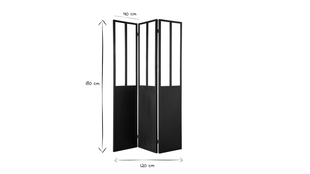 Verrire atelier paravent industriel en mtal noir et verre 3 vantaux L120 cm RACK