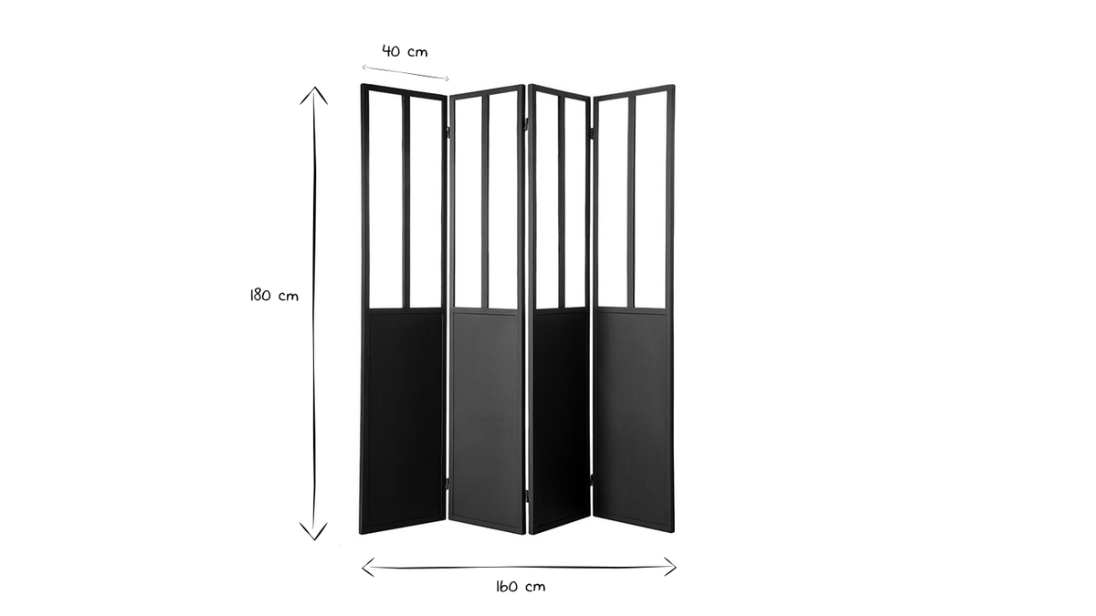 Verrire atelier paravent industriel en mtal noir et verre 4 vantaux L160 cm RACK